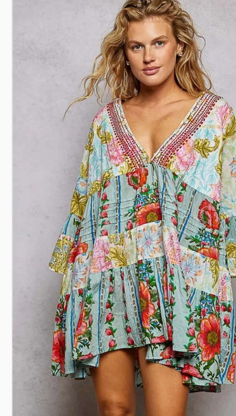 LAST ONE!!! NWT POL 3/4 Sleeve V-Neck Dress Cream/Jade Multi - Picture 2 of 7
